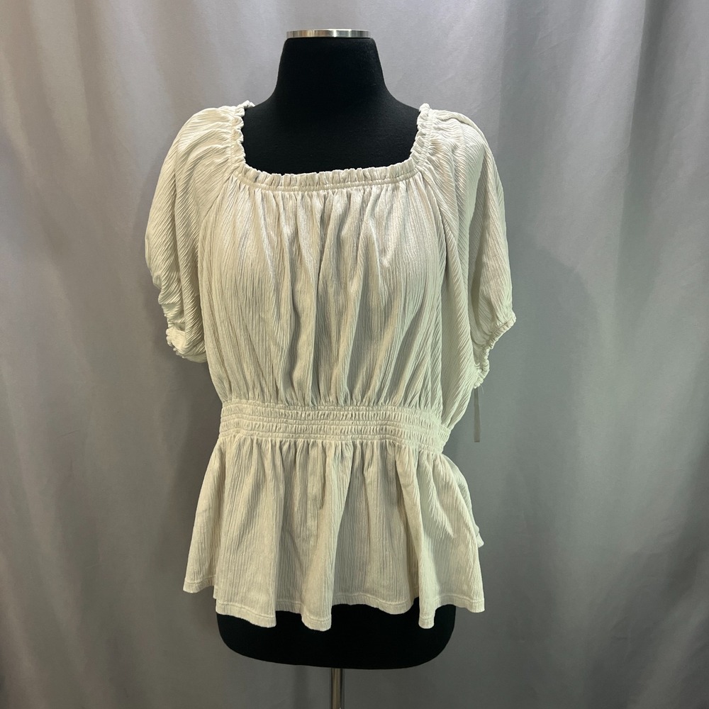 Old Navy Babydoll Top Womens 2X White Stretch Textured Puff Sleeve Smocked Waist